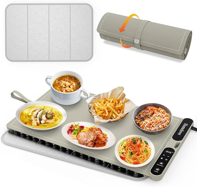 Homelove Food Warming Mat for Parties Buffet - Full Surface Fast Heating Electric Warming Tray with 7 Temp-Settings & 8H Timer, Portable Roll Up Food Warmer with Heat Insulation Pad XL-Khaki