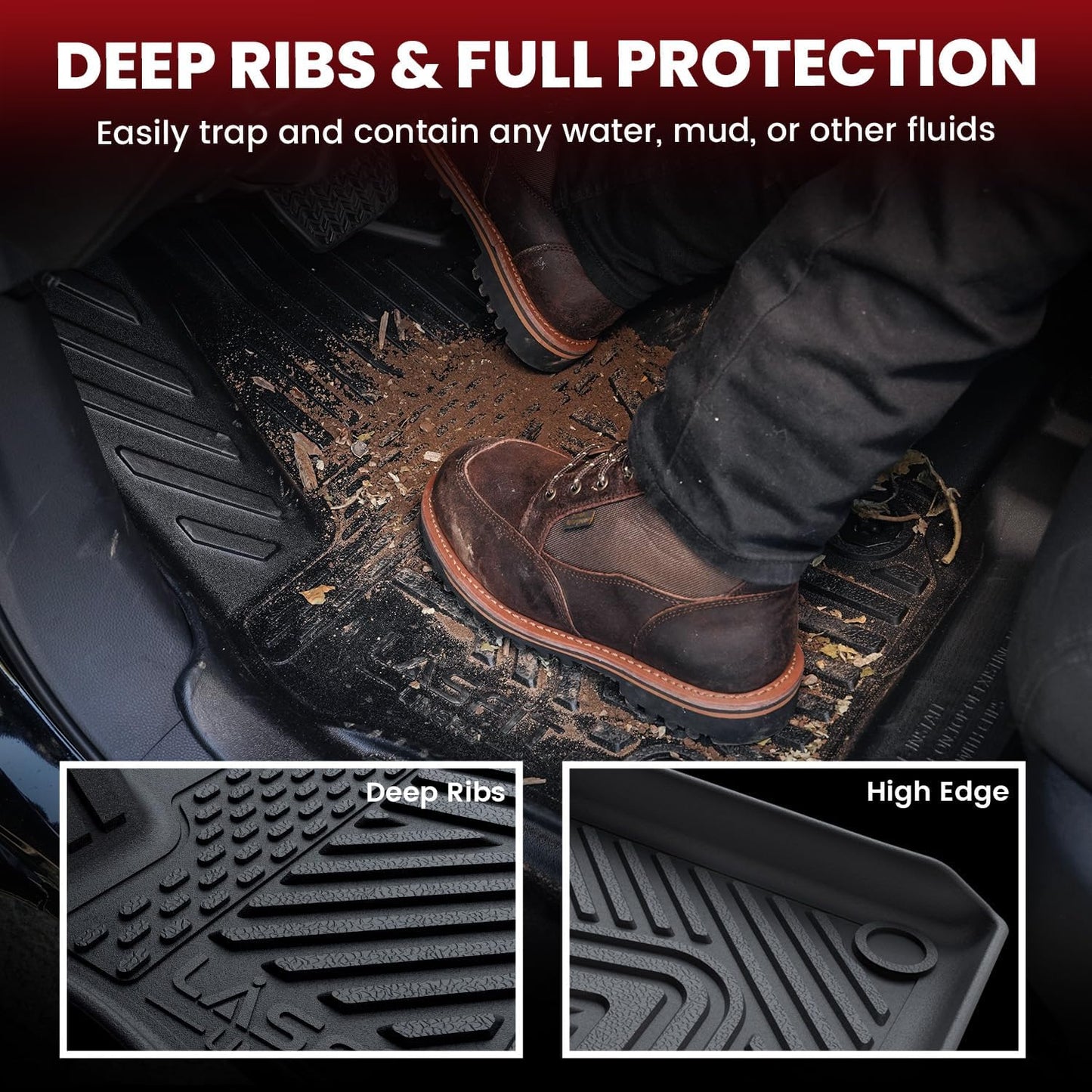 LASFIT Floor Mats for Rivian R1T 2025, All Weather Floor Liner TPE Custom Fit Car Mats for Rivian R1T 1st & 2nd Row Rubber Mats, Black,Tasteless, Durable and Easy to Clean