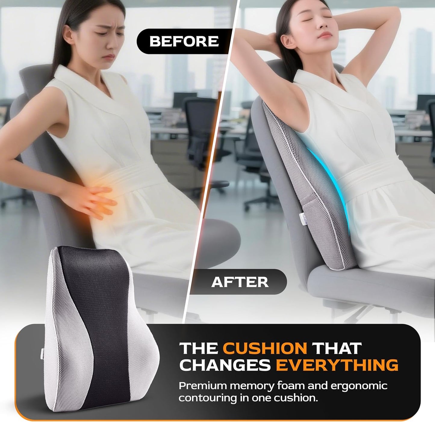 Extra Dense Lumbar Pillow with Double Adjustable Straps - Ergonomic Lumbar Support Pillow for Office Chair, Car, Couch Firm Back Support for Lower Back & Spine Pain Relief Memory Foam Cushion