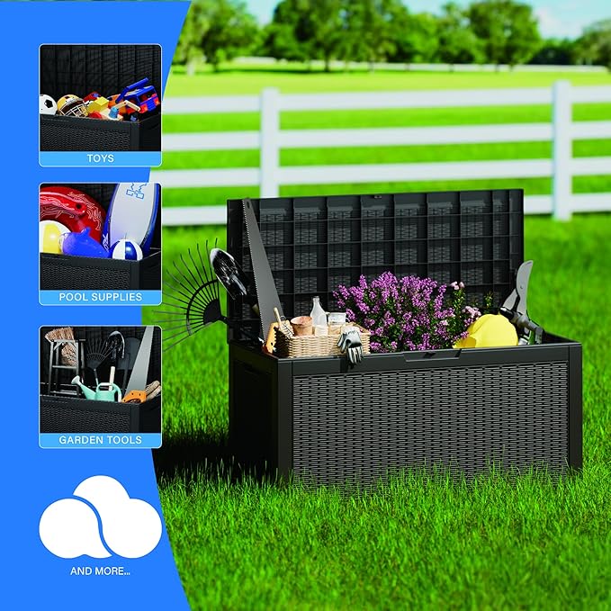 Heavy-Duty 100 Gallon Outdoor Storage Box - All-Weather Patio & Garden Storage Box Waterproof, Lockable Resin Deck Chest for Pool Accessories, UV-Resistant, Obsidian Black