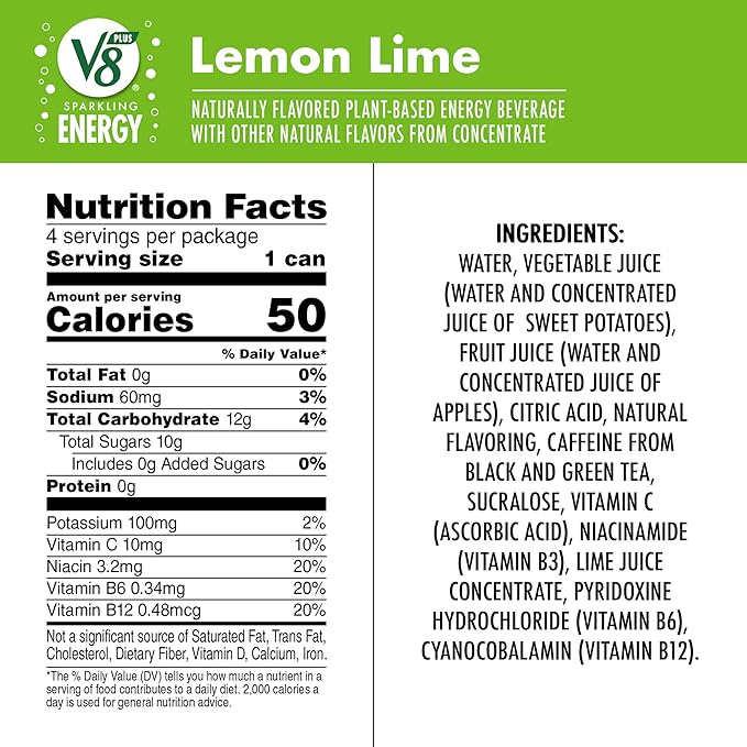 V8 +SPARKLING ENERGY Lemon Lime Energy Drink, Made with Real Vegetable and Fruit Juices, 11.5 FL OZ Can (6 Packs of 4)