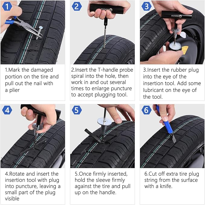 Universal Portable Tire Repair Kit 62PCS - Easy to Use and Well Packaged, Ideal for Emergency Situations Perfect for Car, Autos, ATV, UTV, Truck, Motorcycle, RV, etc.