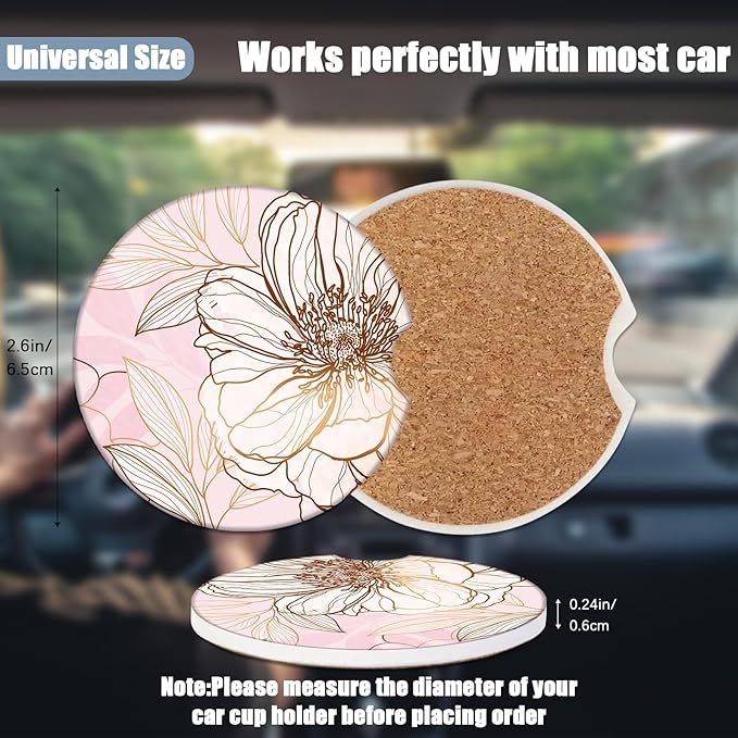 Car Cup Holder Coaster - Pink Flowers Absorbent Ceramic Coaster 2 Pack, Car Coasters for Cup Holders, Fashion Car Interior Accessories Drink Coaster for Women & Men