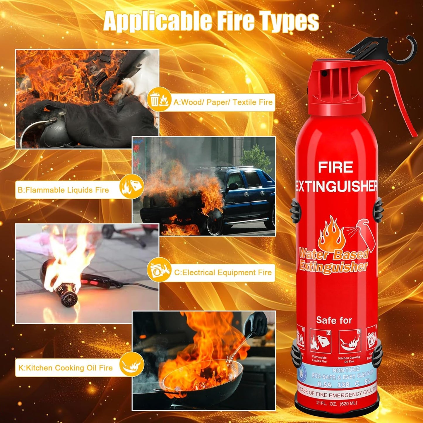 Fire Extinguisher for Home, Car, Kitchen, Vehicle, Boat, Garage, Portable A, B, C, K Class Fire Extinguishers with Mount, Emergency Survival Extinguisher, Easy Access, Versatile Fire Protection
