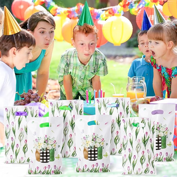 Tulip Party Favor Bags - 50Pcs Spring Tulip Eucalyptus Leaves Camellia Goody Candy Treat Gifts Bags, Spring Floral Theme Party Decorations for Girls Women Birthday Wedding Bridal Shower Supplies