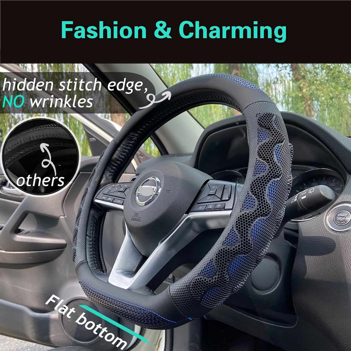 PINCTROT D Shaped 14.5-15 Inch Steering Wheel Cover Great Grip with 3D Honeycomb Anti-Slip Design, Flat Bottom 14.5-15 Inch (Blue)