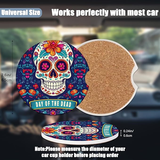 Car Cup Holder Coaster - Sugar Skull Absorbent Ceramic Coaster, Dia de Los Muertos Drink Cup Holder Coasters, Auto Interior Accessories, Drink Cup Holder Coasters for Women & Men Pack of 2