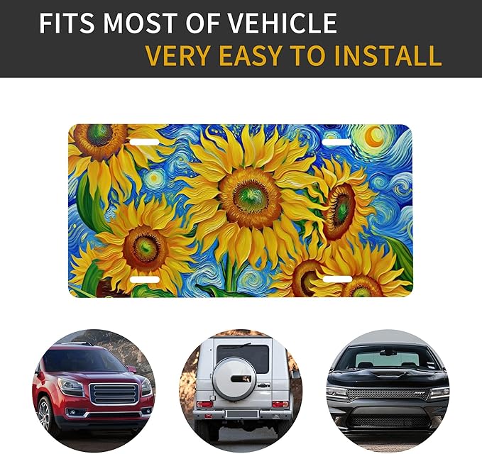 Front License Plate Sunflower Art Vanity Plates Aluminum Metal Decorative Car Tag Novelty License Plate Cover for Men Women ‎6 * 12 in (4 Holes)