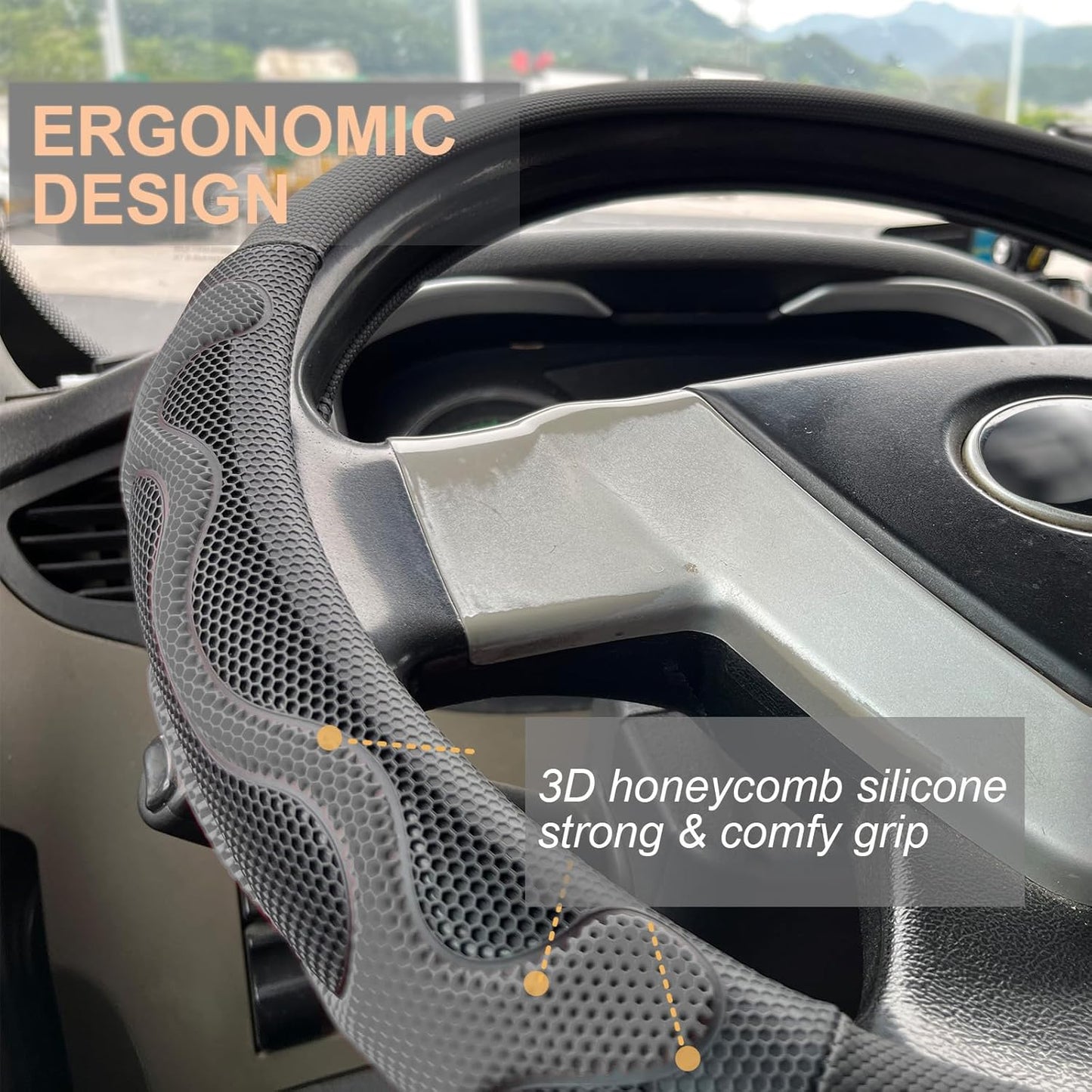 PINCTROT XL Size 17.5-18 Inch Comfy Grip Steering Wheel Cover for Semi Truck, Fits RV, Big Rig Trucker, 18 Wheeler and Classic Cars, Anti-Slip Design 17.5-18 Inch(Silicone Gray)