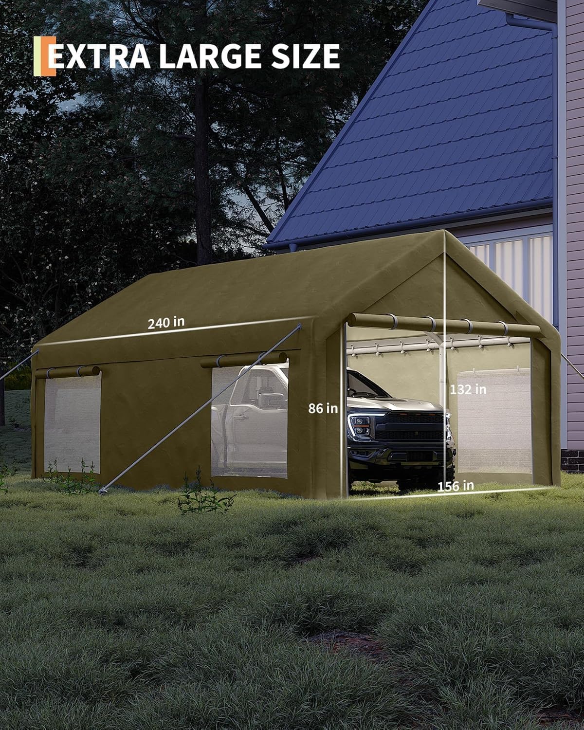 13 x 20FT Heavy Duty Carport with Roll-Up Windows, Portable Garage with Removable Sidewalls & Doors, Portable Car Tent Garage with Roll-Up Windows and All-Season Tarp, for Car, Truck,