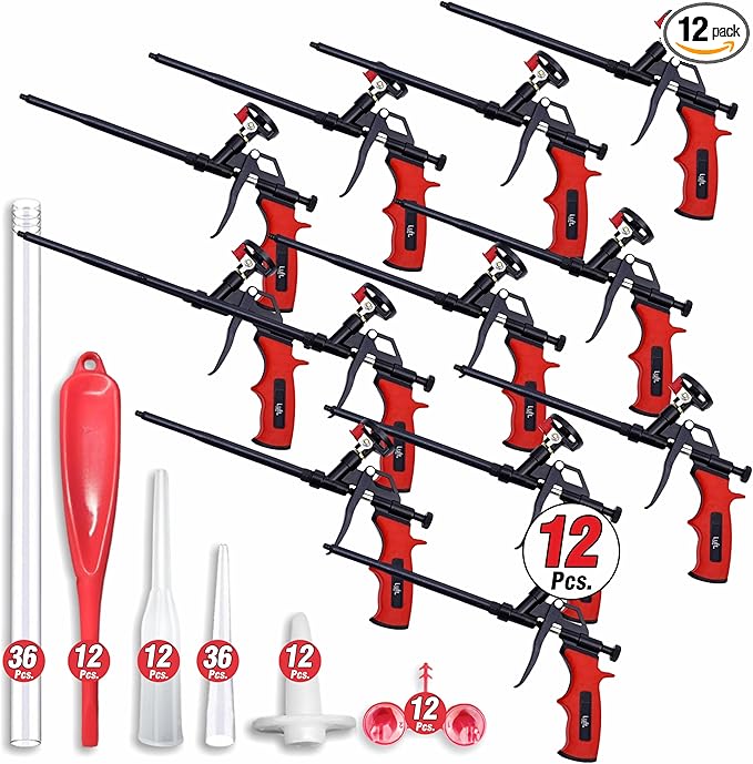 Luft Professional Expanding Foam Spray Gun (12 Insulation Guns + 36 Extenders) PU Insulating Applicator Heavy Duty Metal Body Dispensing Foam Gun Suitable for Caulking, Filling, Sealing (12 Pack)