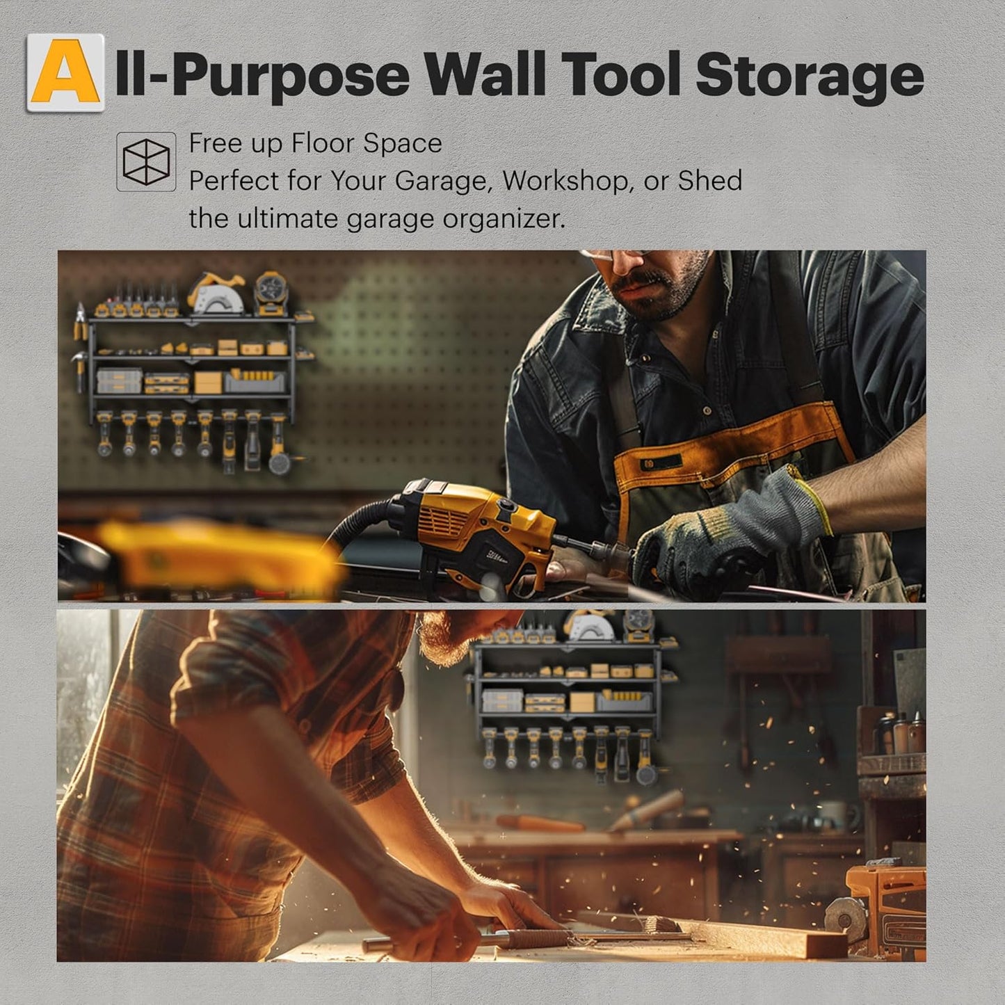 Power Tool Organizer Wall Mount with Charging Station, 4 Layer 8 Slots Cordless Drill Holder for Garage Storage, Utility Racks Max 420lbs Load With 6 Outlet Power Strip for Fathers Men Gift