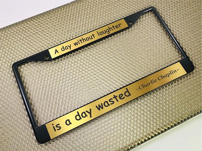 Custom Personalized Black Powder-Coated Metal Laser Engraved Standard Size - Car/Automobile License Plate Frame with Free caps - Gold/Black Text (Qty: 1 Frame)