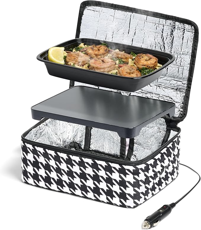 HOTLOGIC Mini Heated Lunch Box - Portable Electric Food Warmer for Men and Women - Great for Work, Office, and Construction - Cook, Reheat, and Eat on the Go - 12V - Houndstooth