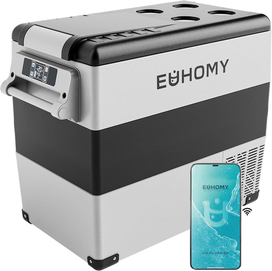 EUHOMY 12 Volt Refrigerator, 59QT(55L) Electric Cooler, 12V Fridge APP Control, 12V Cooler -4℉~68℉, Portable Freezer 12/24V DC 110-240V AC for Camping, Travel, Truck, Home