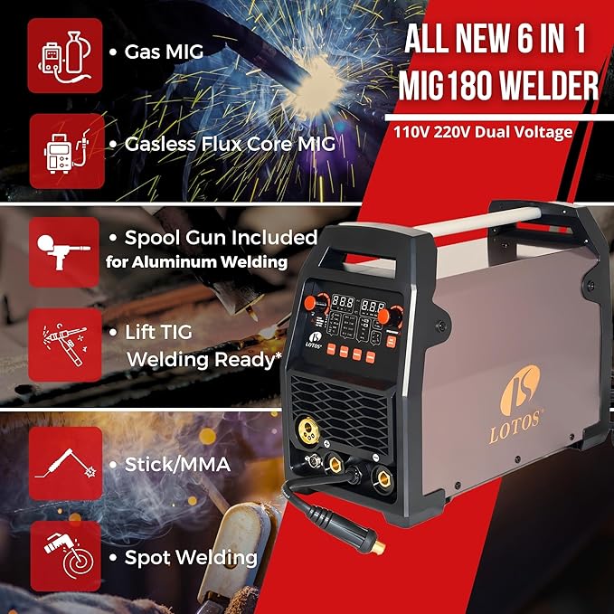 LOTOS MIG180SP MIG Welder with Aluminum Spool Gun, 180A 110/220V, 6 in 1 Gas MIG, Spool Aluminum, Gasless Flux Core, Stick, Lift TIG, Spot, Multi Process Welding Machine Auto Synergistic Setting