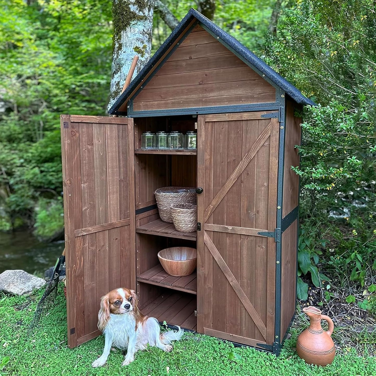 Outdoor Storage Shed Cabinet Strong Iron Frame Surrounding Garden Tool Storage with Adjustable Shelfs,Large Space