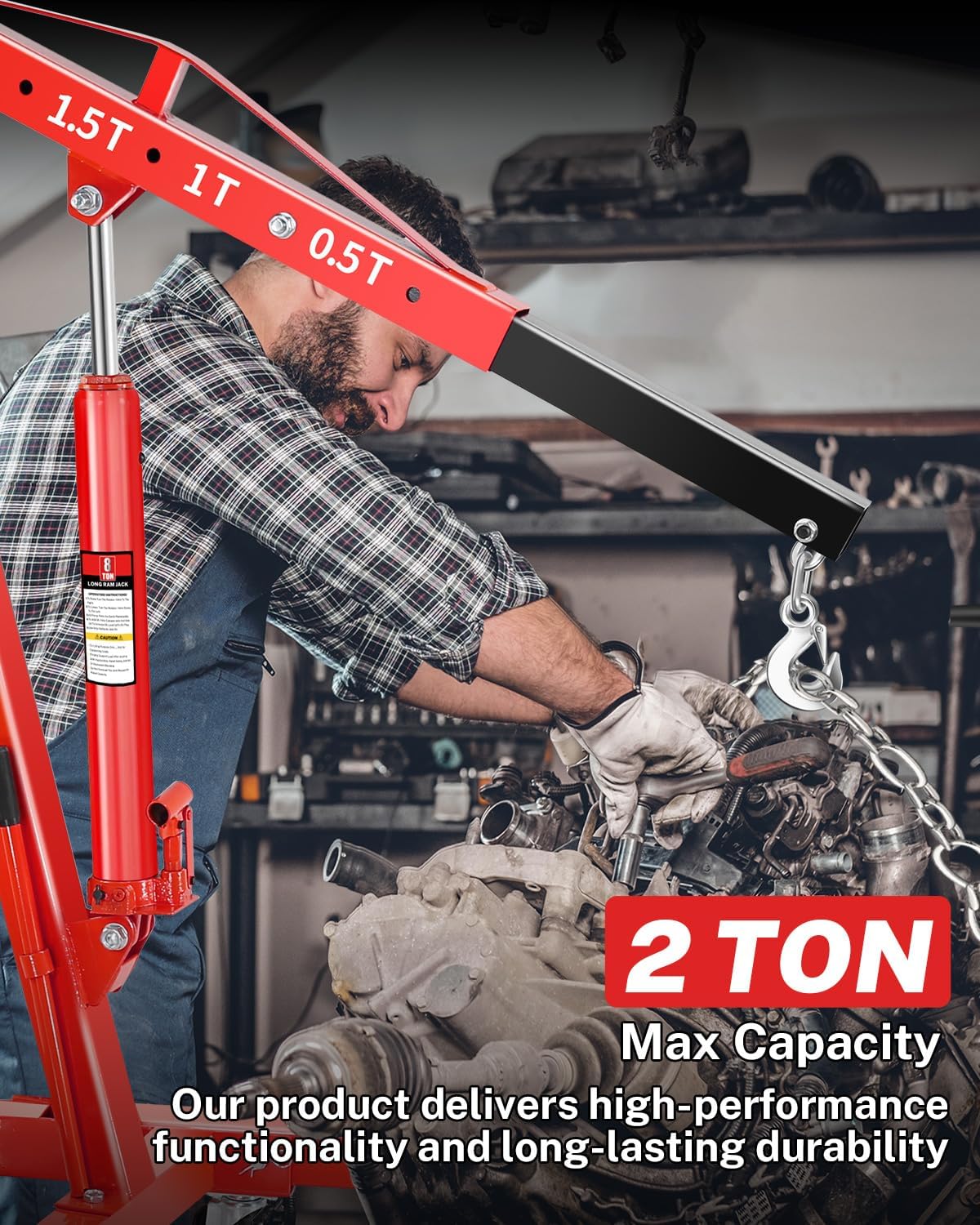 2-Ton Folding Engine Hoist, Hydraulic Shop Crane with 6 Swivel Wheels & Adjustable Boom (0.5T-2T), Heavy-Duty Cherry Picker for Garage, Workshop, Truck, Farm (Net Wt. 157 lbs)