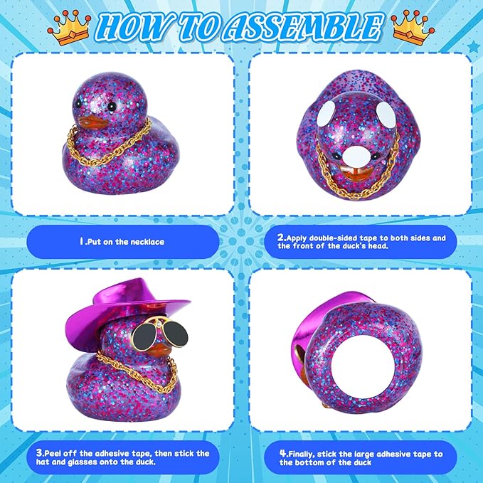 BOZILY Cowboy Rubber Duck with Purple Glitter Hat, Gold Necklace & Diamond Sunglasses - Fashionable Car Dashboard Decor, Office Desk Accessory, Squeaky Stress Reliever Gift Set (2 Pack)