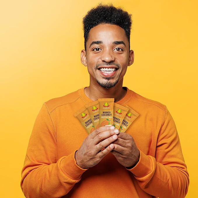 Amrita Nut Free Vegan Protein Bars (12 Count) | Mango Coconut 15g Plant-Based Protein Bar | Peanut-Free, Gluten Free, and Dairy-Free | No Added Sugar, High Fiber, Healthy Snacks for Kids/Adults