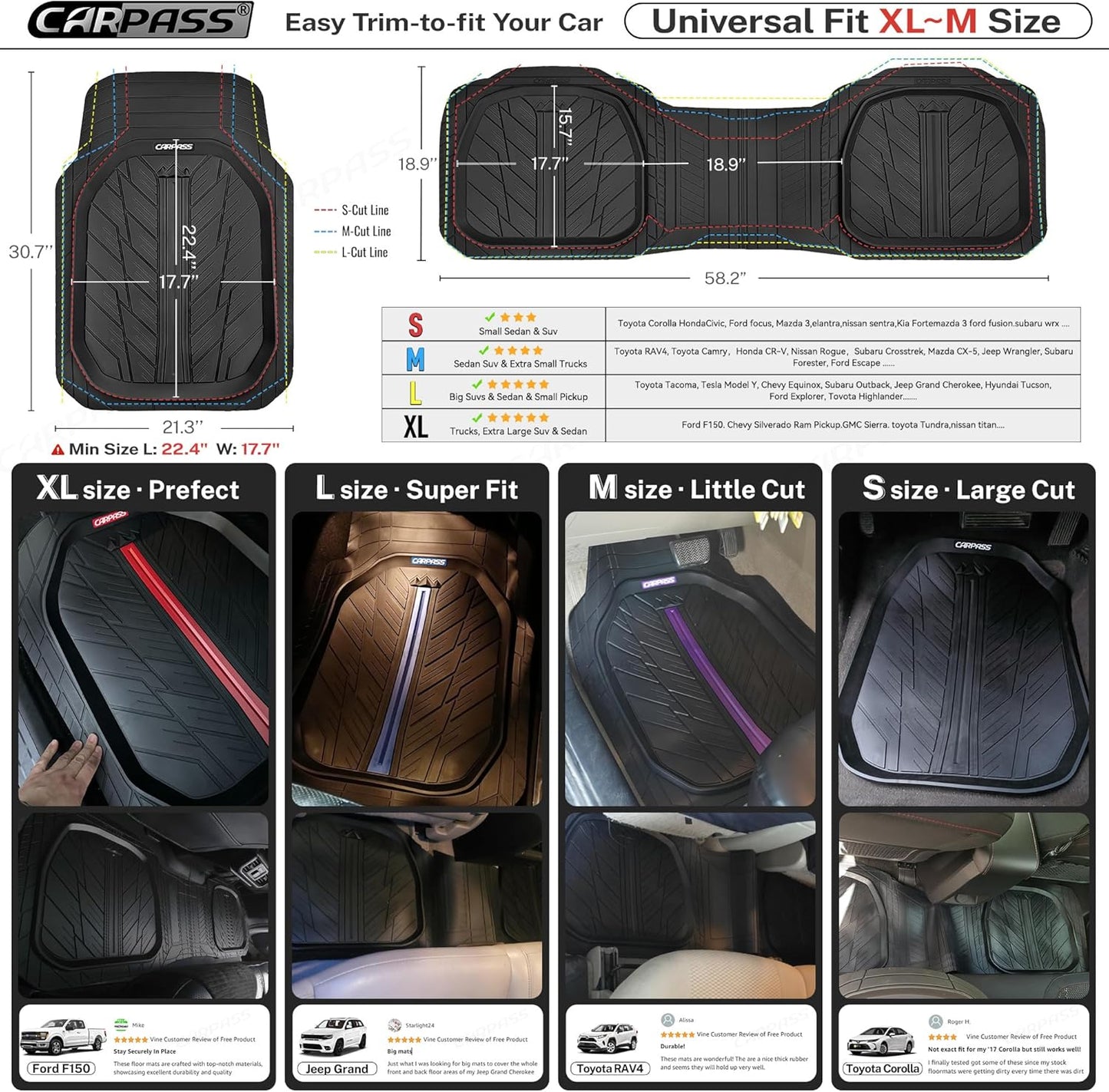 CAR PASS DeepDish Heavy Duty Rubber Floor Mats 3-Piece, Universal M-XL Size Trim-to-Fit Automotive Floor Mats for Truck Van SUV, Durable Waterproof All Weather Car Mats (Solid Black)