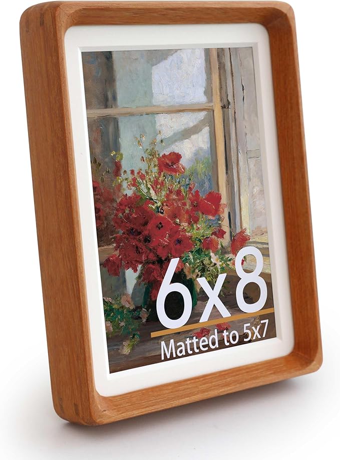 Natural Picture Frame,Display Picture 5x7 with Mat or 6x8 Without Mat,by Plexiglass,Teak Wood Photo Frame, Wall or Tabletop Decor Display