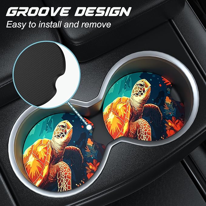 Car Cup Holder Coasters, 2 Pack Universal Auto Anti Slip Insert Coaster with A Finger Notch, Cute Car Assecories for Women Men, Cup Mat for Most Interior, Turtles