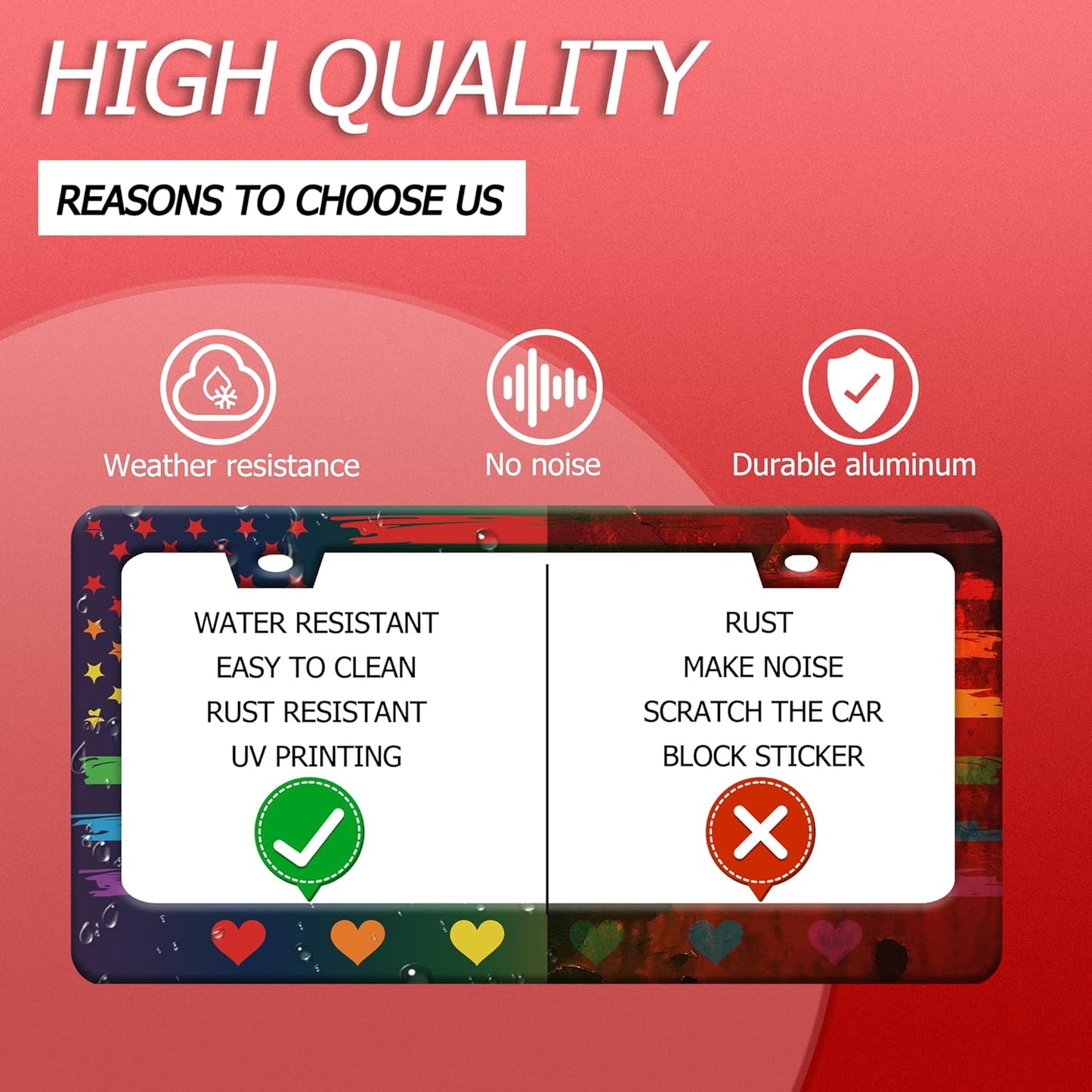 Rainbow Heart License Plate Frame Gay Pride LGBT License Plate Frames Stainless Steel Accessories Cars Decor with 2 Holes and Screws Fits Standard US CA Vehicles Size 12.2 x 6 Inches