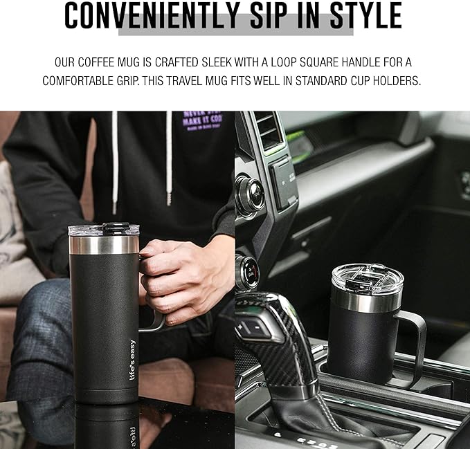 Life's Easy 20oz Stainless Steel Mug w/Handle - Double Wall Insulated Travel Tumbler w/Flip Lid - Leak Proof Tumbler-Thermal Cup for Coffee, Tea & More - Keep Hot & Cold Drinks (Black, 20 oz)