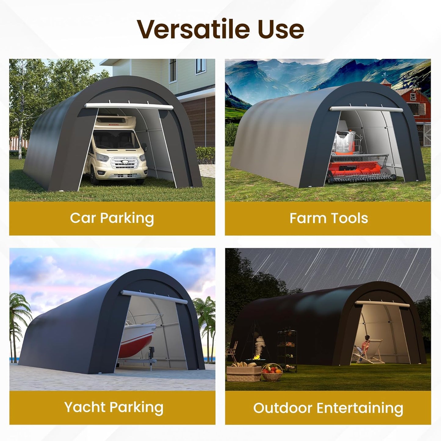 Kiss the Water Carport, Round Portable Garage, Steel Heavy Duty Carport with Ground Stakes, Tensioner and 2 Roll Up Windows PE Fabric Car Port, Garage, Storage Shed, Tent for Storage, SUV (12x25 Ft)