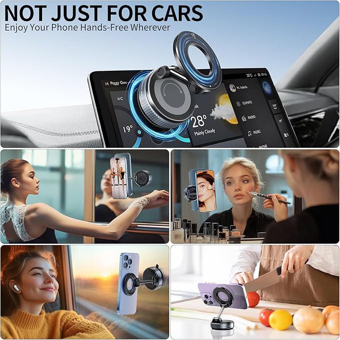 Vacuum Suction Magnetic Phone Holder, 2025 Upgraded Vacuum Suction Cup Mount for Magsafe, 360° Adjustable Foldable Portable Magnetic Car Phone Stand for Cars/Gyms/Mirrors/Smooth Surface (White)
