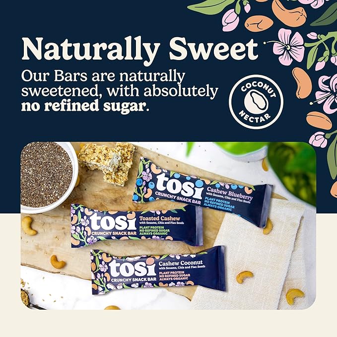 Tosi Cashew Variety Pack Protein Bars, Plant Based with Nuts, Gluten-Free Crunchy Snacks, Vegan, Organic, Flax & Chia Seeds, Soy-Free, Omega 3s, 5G Protein, 1 oz, 12-Pack
