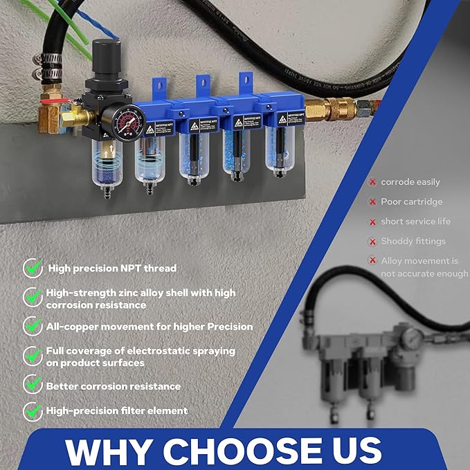 1/4'' NPT 5 Stage Air Drying System,Air Dryer for Compressor,5 &0.01 Micron Filter Cartridge,Triple Desiccant Dryers & Air Regulator,Metal Bowl, Semi-Auto Drain,Industrial Grade-Blue