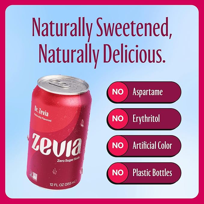 Zevia Zero Sugar Soda, Dr. Zevia, 12 oz Cans (24-Pack) – Naturally Sweetened, Zero Calorie Sugar Free Soda - Non-GMO Project Verified, Gluten-Free, Vegan
