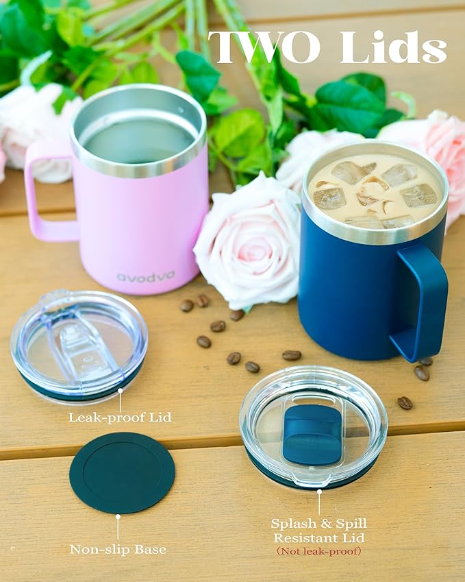 12oz Insulated Coffee Mug with Lid – Includes Two Lids, Stainless Steel Coffee Travel Mug with Handle, Double Wall Vacuum Insulated Camping Mug for Home, Office & Outdoor, Sage Green
