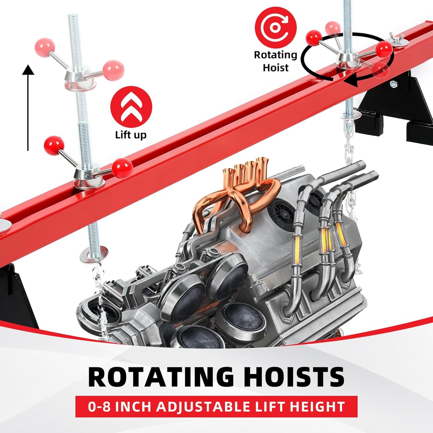 KUAFU Engine Support Bar 1100lbs Capacity Motor Transverse Bar with 2 Points Lift Holder Dual Hook Cross Hoist Engine Hoist for Home Garages & Auto Repair Shop
