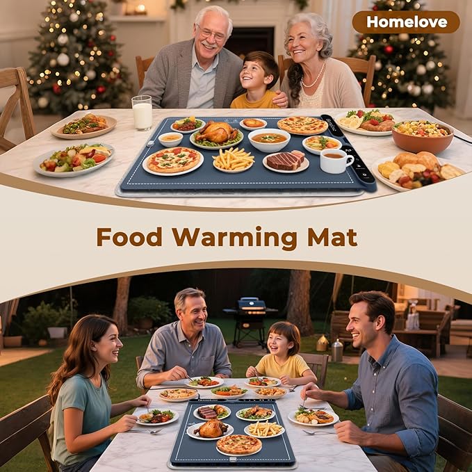 Homelove Food Warming Mat for Parties Buffet - Full Surface Fast Heating Electric Warming Tray with 7 Temp-Settings & 8H Timer, Portable Roll Up Food Warmer with Heat Insulation Pad XL-Navy