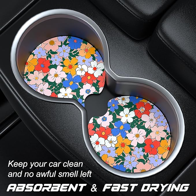 Car Cup Holder Coasters, 2 Pack Universal Auto Anti Slip Insert Coaster with A Finger Notch, Cute Car Assecories for Women Men, Cup Mat for Most Interior, Vintage Flowers