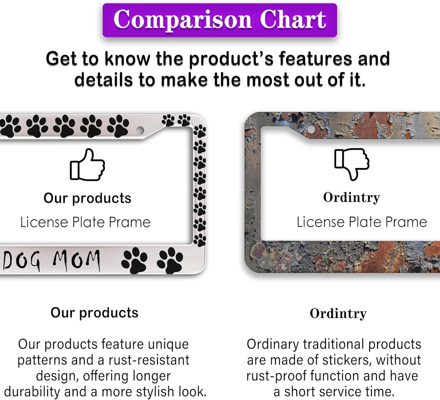 Fun License Plate Frame Cover Black and White License Plate Frames Dog Mom Dog Lover Aluminum Metal Car Accessory 2 Pack with Screw Covers Set