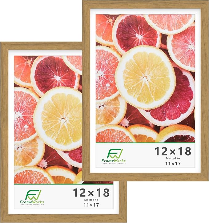 FrameWorks 2-Pack, 12x18 Matted to 11x17 Picture Frame, Golden Oak ??Classic Wooden Photo Frame with Tempered Glass, Modern Matte Finish for Prints, Posters, Certificates & Wall Decor ??Gallery-Ready