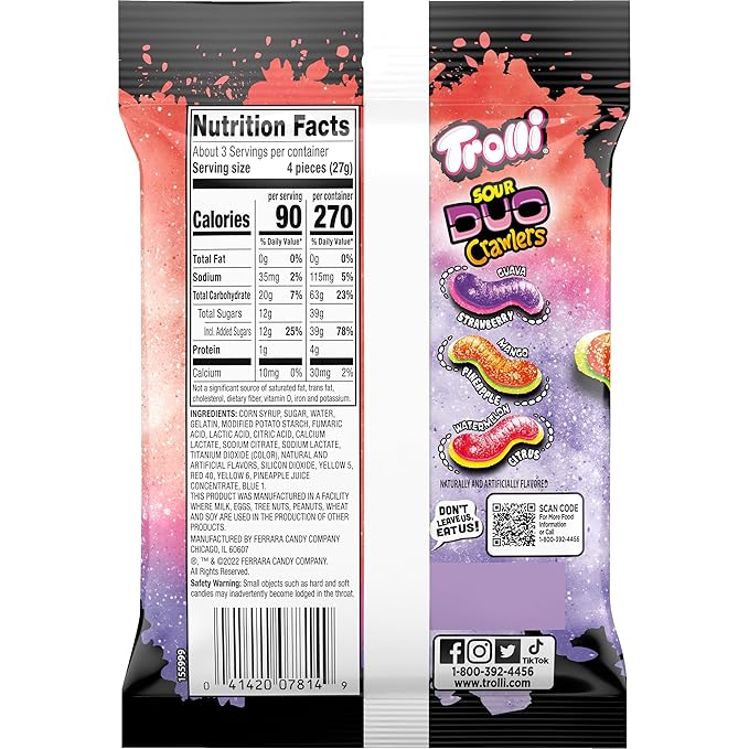 Trolli Sour Brite Duo Crawlers Candy, 3 Ounce Bags (Pack of 12)