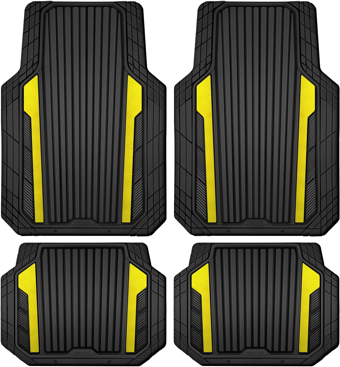 CAR PASS Yellow Car Mats Metallic, Aluminum Film All Weather Rubber Lemon Yellow car Floor Mats Waterproof Universal Trim to Fit SUV Sedan Van Truck 4 Piece Deep Dish Heavy Sporty Black Yellow Chrome