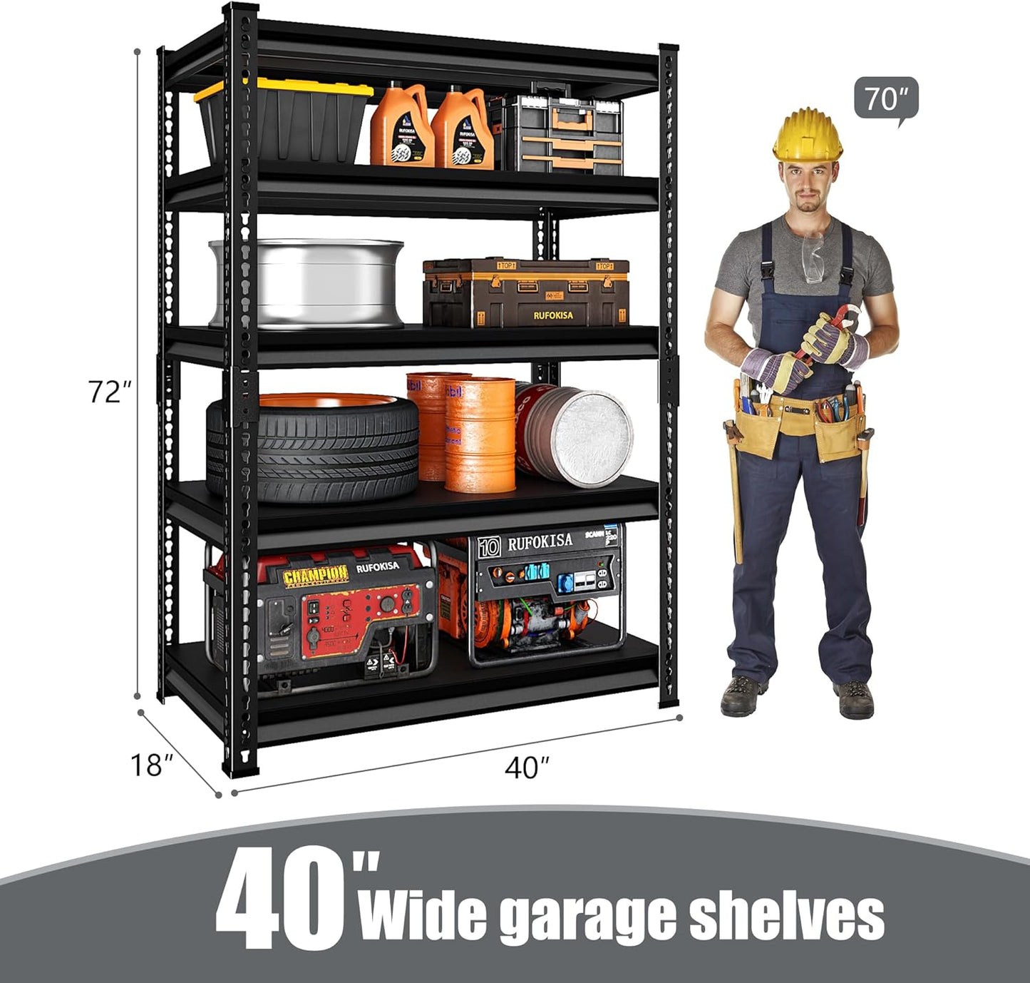 5-Tier Garage Shelving Heavy Duty, 72" Metal Shelving Unit - 2250 lbs Load Capacity, 40"W x 18"D x 72"H (Black)