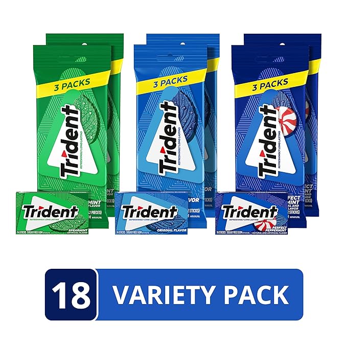 Trident Sugar-Free Chewing Gum Variety Pack Candy, Spearmint, Perfect Peppermint & Original Flavor, 18 Packs of 14 Pieces (252 Total Pieces)