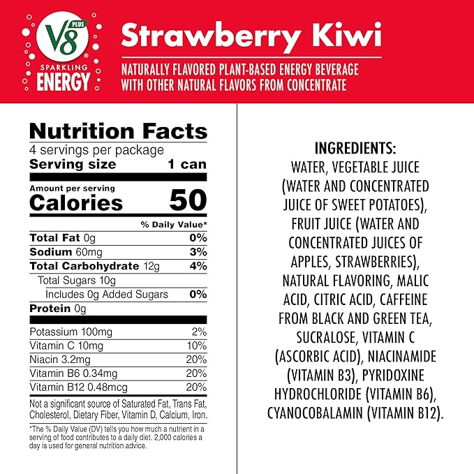 V8 +SPARKLING ENERGY Strawberry Kiwi Energy Drink, Made with Real Vegetable and Fruit Juices, 11.5 FL OZ Can (6 Packs of 4)