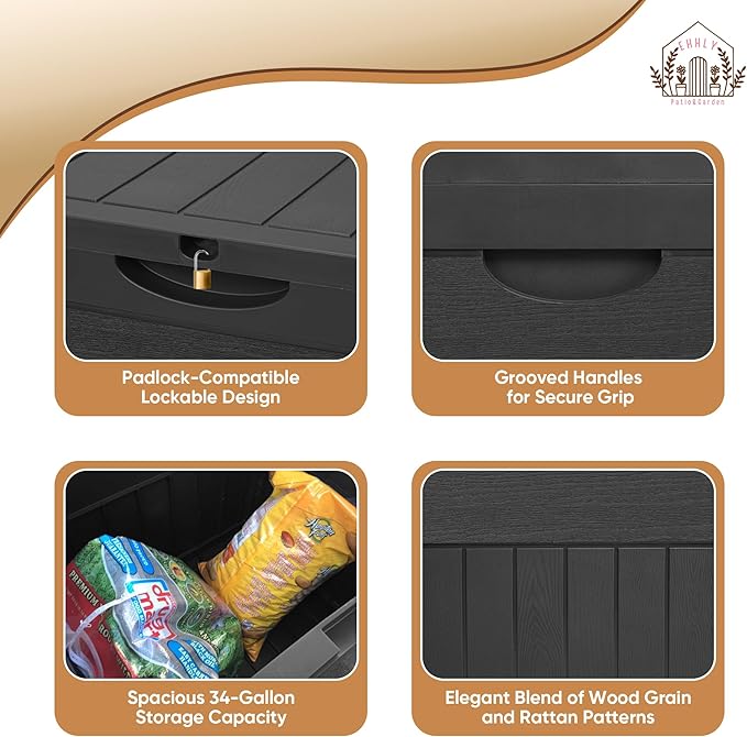 33 Gallon Outdoor Storage Box, Small Deck Box Waterproof, Lockable Secure Package Bin Delivery Box for Outside Front Porch, Patio Cushions Storage Box, Delivery Driver Snack Box for Porch, Black