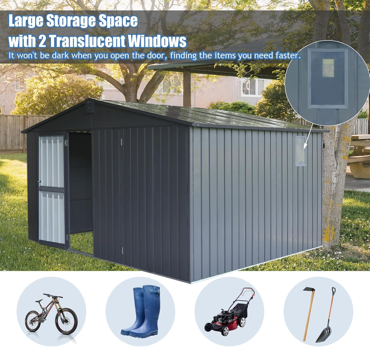 IKERY Large Galvanized Steel Storage Shed - 11' x 9' with Windows and Lockable Door, Outdoor Garden and Utility Tool Shed for Backyard and Patio, Dark Gray
