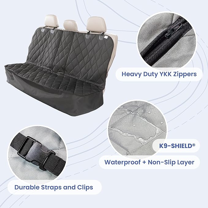 4Knines Dog Seat Cover for Back Seat, Heavy Duty Waterproof Rear Seat Protector for Small Trucks, SUV, Cars - Fits 60/40 Split Bench with Middle Seat Belt, Non-Slip Dog Backseat Cover (Regular, Black)