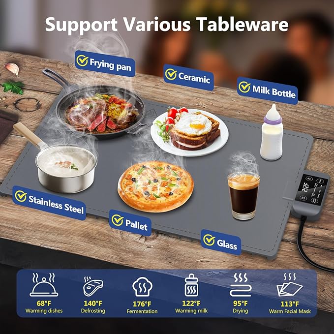 Waterproof Electric Food Warming Mat, Food Grade Silicone Warming Tray with 17 Temp Setting and 6 Hours Timer, Full Surface Heating Mat, Roll Up Food Warmers for Parties Buffet (Dark Gray)