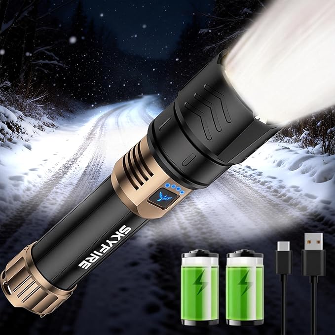 SKYFIRE Rechargeable Flashlight High Lumens,Super Bright Flashlight,Zoomable,Four Modes,Waterproof LED Flash Light for Camping Essentials,Outdoor and Home Emergencies-8000mAh